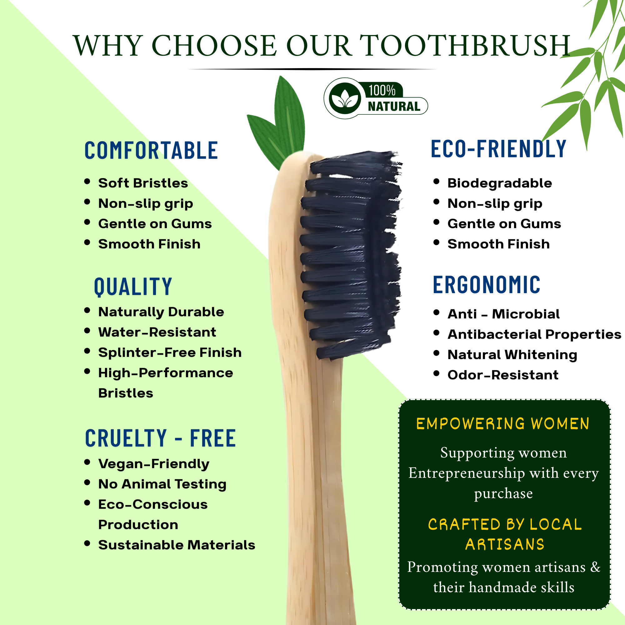 Bamboo Toothbrush with Ultra-Soft Charcoal activated Bristles I 100% Natural & Eco-Friendly (Pack of 4) - Image 3